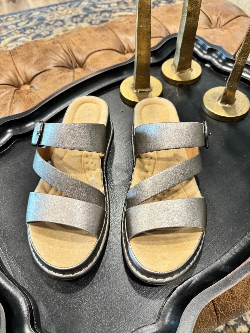 Patrizia Triple-Strap Metallic Silver Slide Sandals for Women